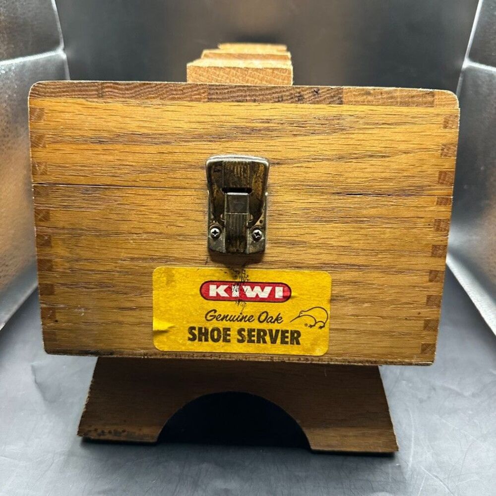 Kiwi Genuine Oak Shoe Shine Server Handcrafted Groomer 5 Brush Footrest Wood